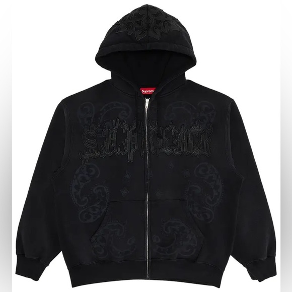 SUPREME - LEATHER APPLIQUÉ ZIP UP HOODIE BLACK - Picture 1 of 3